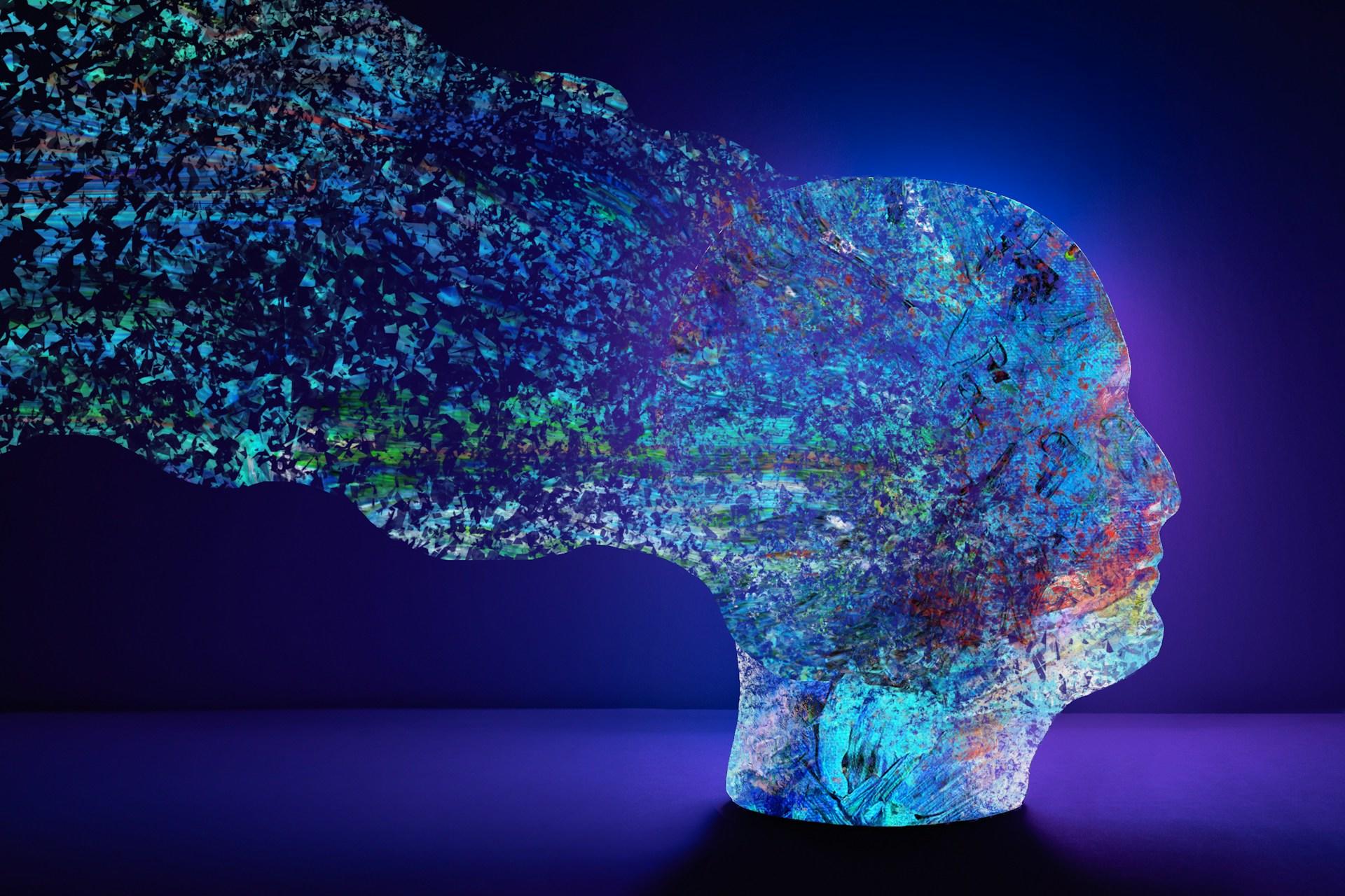 Abstract head with colourful natural elements dissolving around it.