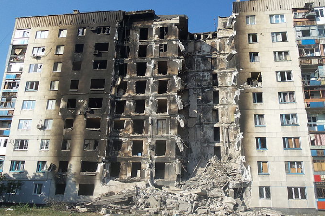 Apartment building destroyed during War in Donbass. Lysychansk, Lugansk region.